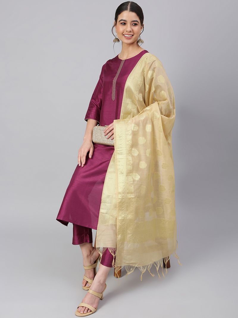 Wine Poly Silk Embellished Kurta with Pant and Dupatta