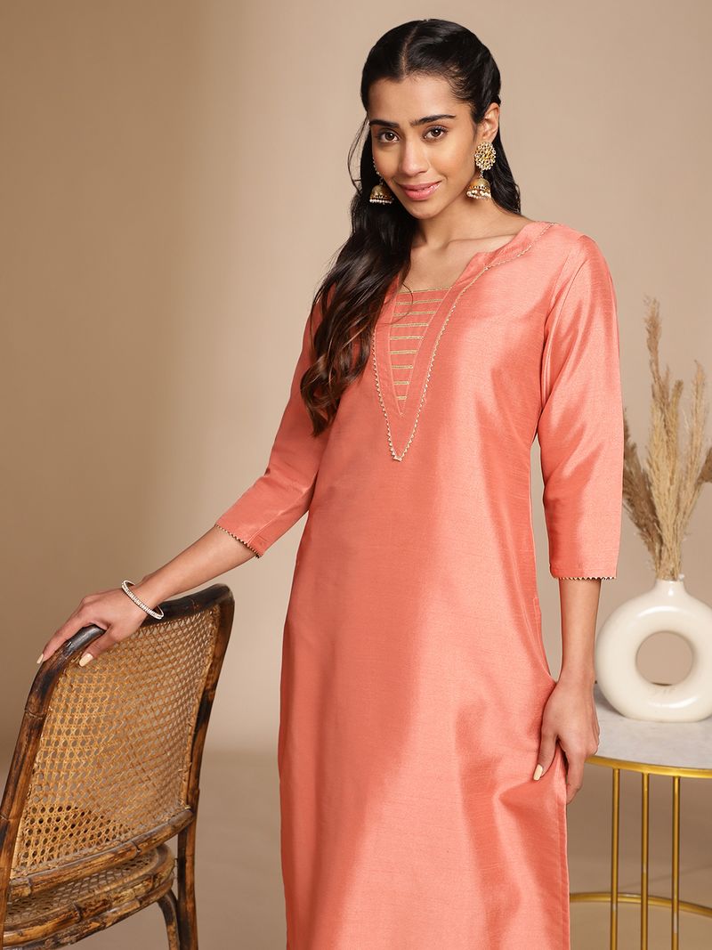 Peach Crepe Silk Solid Straight Kurta