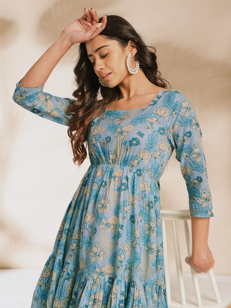 Light Blue Cotton Floral Fit & Flare Dress