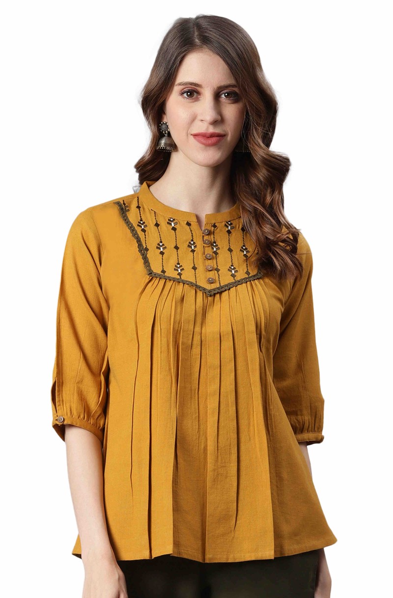 Mustard Cotton Flex Embroidered A Line Top