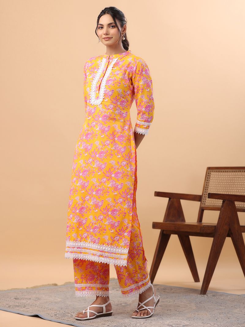 Orange Cotton Floral Regular Kurta Set