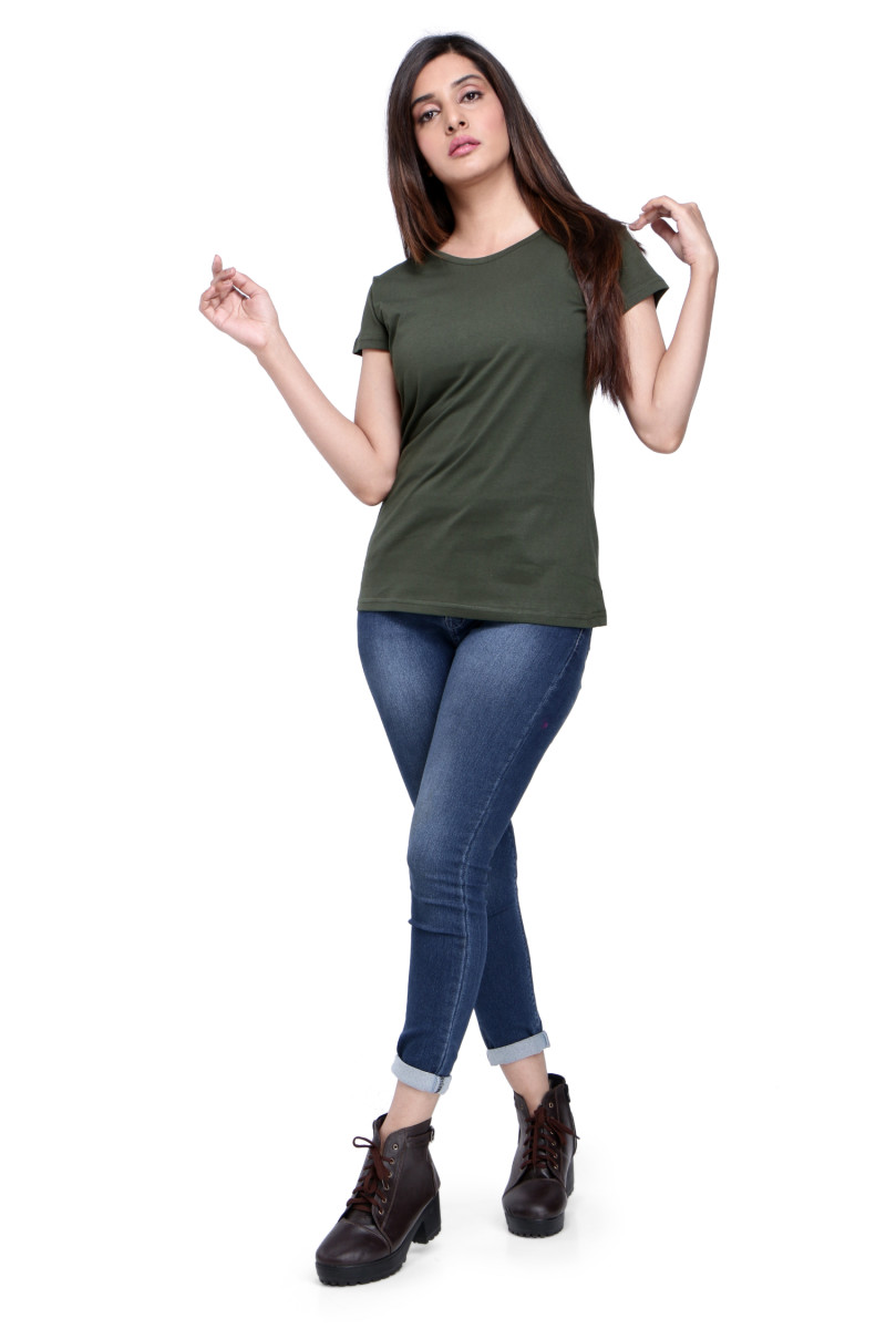 Olive Green Half Sleeve T Shirt (With Rib)