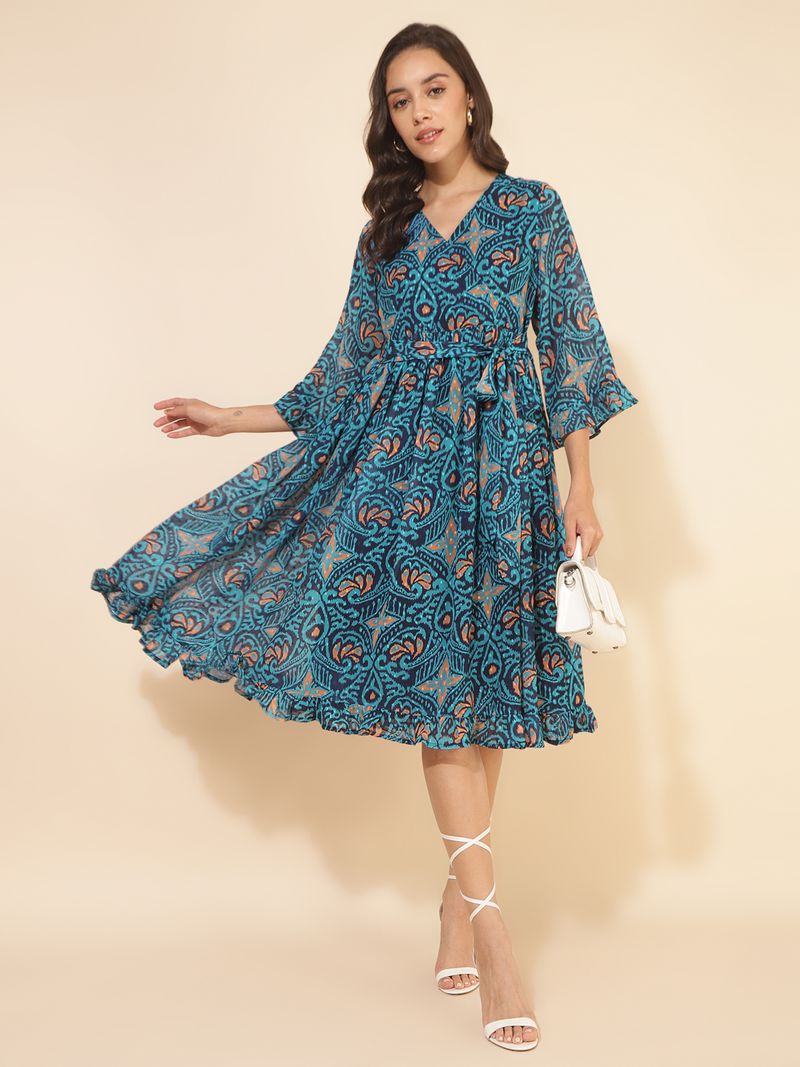 Blue Dobby Georgette Ikkat Printed Flared Dress