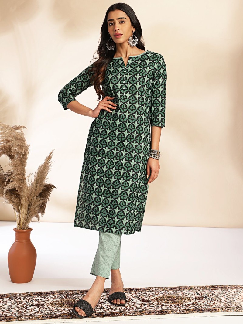 Green Cotton Printed Kurta with Pant