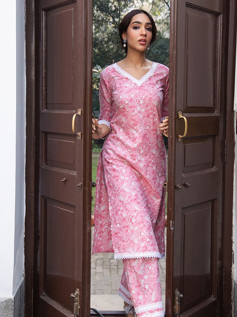 Pink Cotton Floral Regular Kurta Set