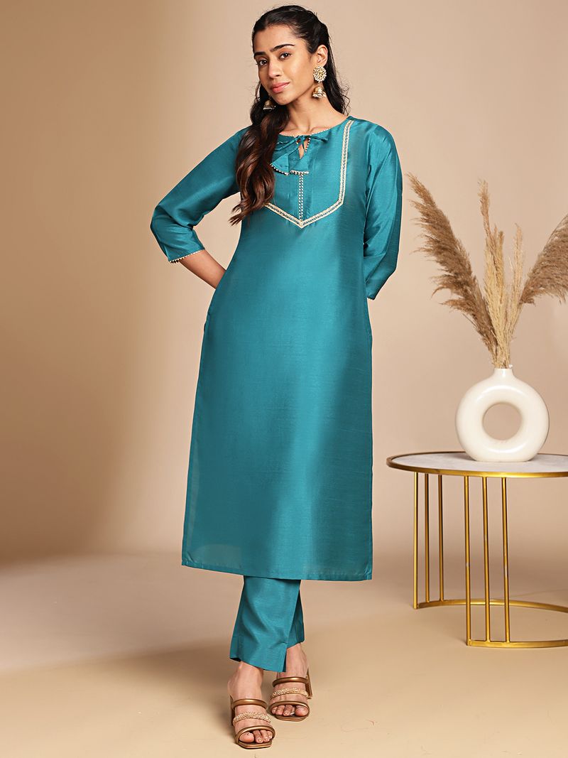 Teal Crepe Silk Yoke Design Regular Kurta Set