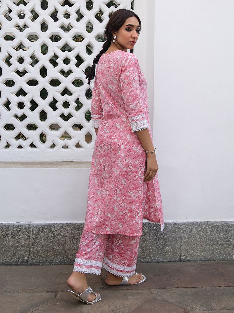 Pink Cotton Floral Regular Kurta Set