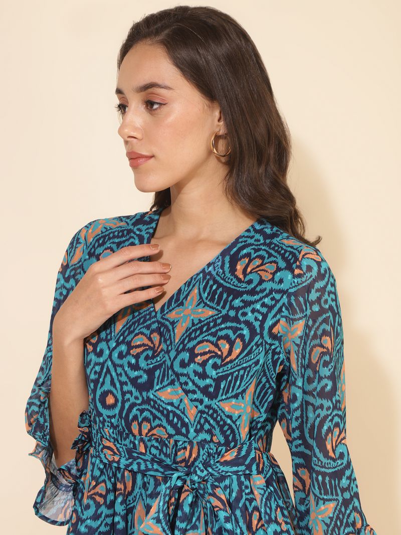 Blue Dobby Georgette Ikkat Printed Flared Dress