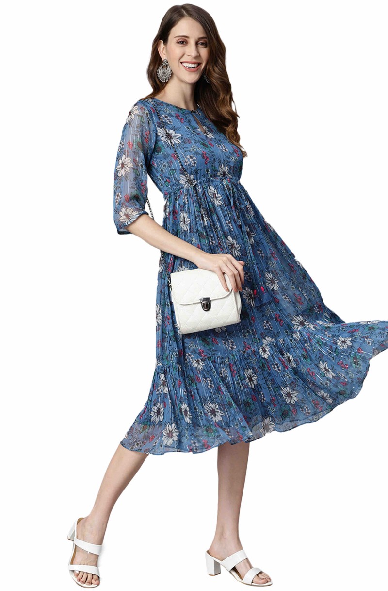 Blue Poly Georgette Floral Flared Western Dress