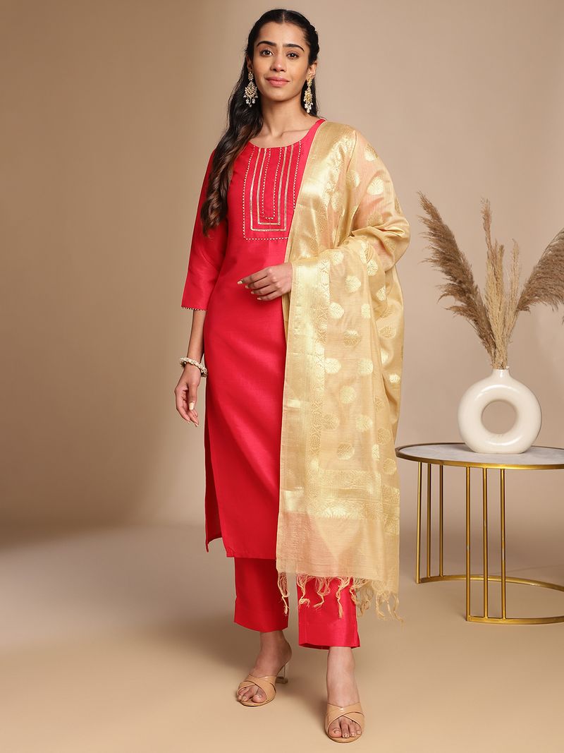 Pink Crepe Silk Yoke Design Straight Kurta Set