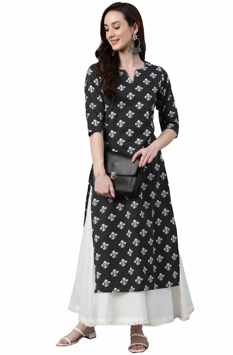 Black Cotton Floral Print Straight Kurta