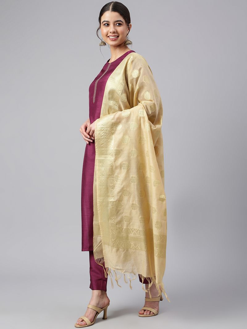 Wine Poly Silk Embellished Kurta with Pant and Dupatta