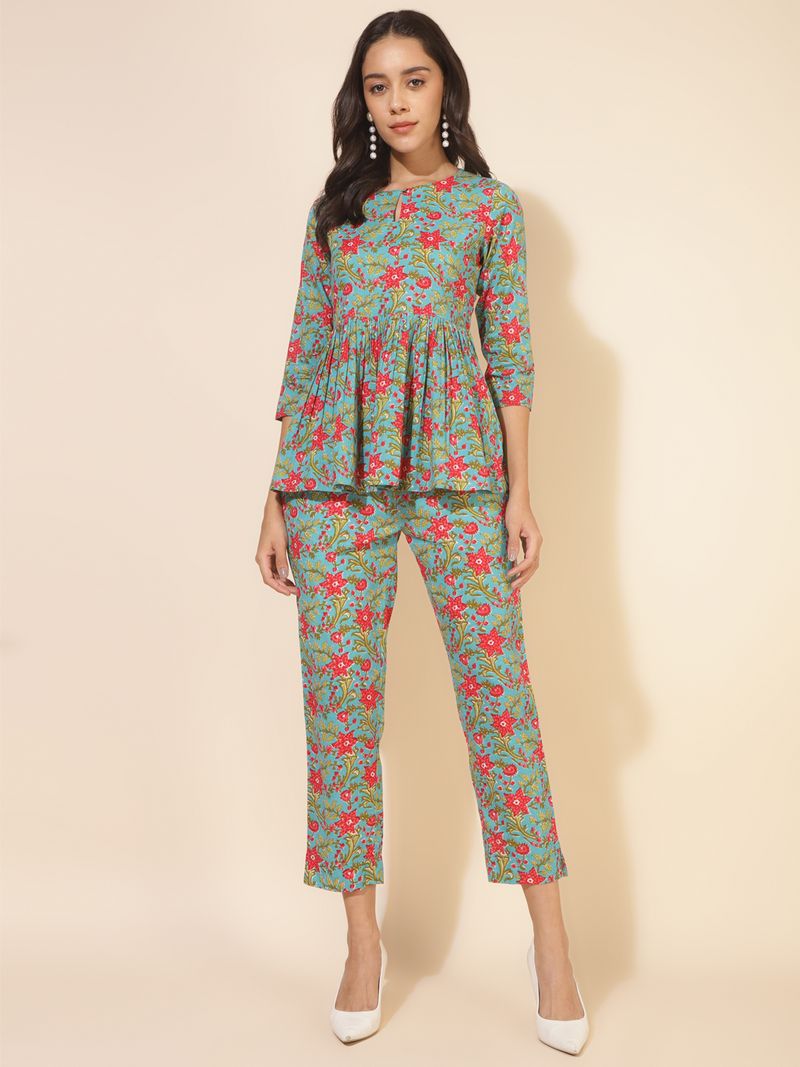 Blue Cotton Printed Top with Pant